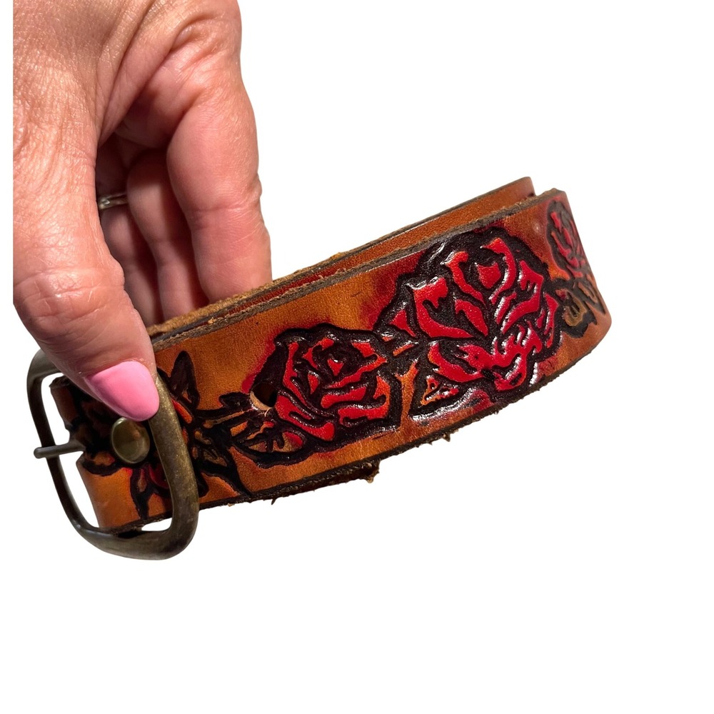 BeltStop‎ Tooled Leather Rose Belt Women 34/36 Tan Western Boho Floral Handcraft